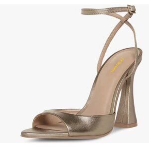 Milooey Gold Peep Toe Sexy Flared Chunky High Heels Buckled Slingback Sandal